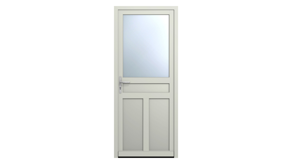 Porte d'entrée bois CLASSIQUE 5 Porte d'entrée grise avec la moitié vitrée